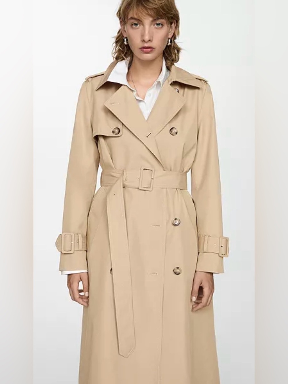 MANGO Beige Double Breasted Button Cotton Blend Long Belted Trench Coat Sz 2XL